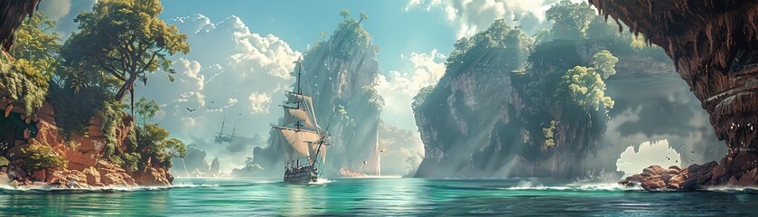 the rugged charm of pirate havens in a graphic design that showcases towering cliffs, rough seas, and secret caves - obrazy, fototapety, plakaty