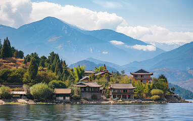 Fototapeta na wymiar Lake scenery in Yunnan, China,created with Generative AI tecnology.