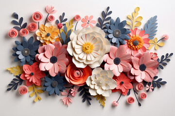 Abstract floral paper craft composition on white background.