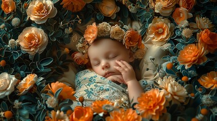 Baby surrounded by a wreath of flowers, asleep in a cradle