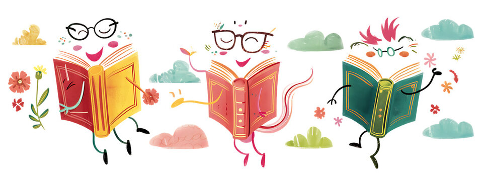 Cute cartoon vector style illustrations of an images, depicting an open book with glasses on its head and pink long legs running through it