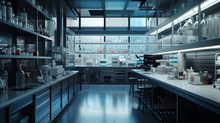 Fototapeta premium A modern pharmaceutical research laboratory with state-of-the-art equipment and lab benches, momentarily unoccupied but poised for scientific breakthroughs