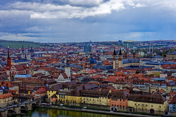 Fototapeta na wymiar A beautiful day in the medieval city of Wurzburg on a rainy day.