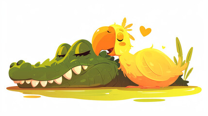 A cartoon of a crocodile and a bird sleeping together
