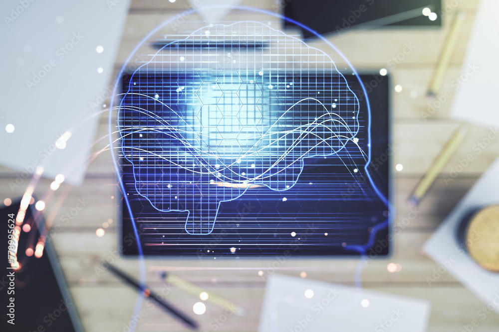 Aufkleber Double exposure of creative artificial Intelligence symbol and digital tablet on background, top view. Neural networks and machine learning concept