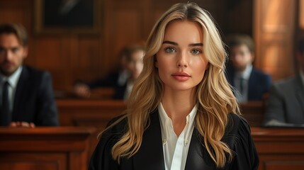 Blonde lawyer defending a client in court, her argumentation sharp and persuasive - obrazy, fototapety, plakaty
