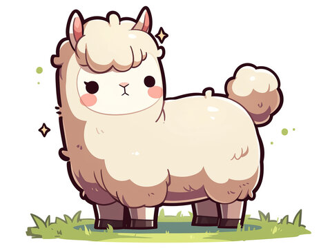 A cartoonish drawing of a white llama with a big fluffy tail