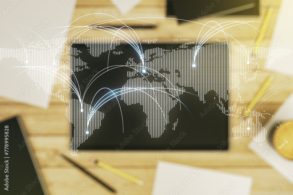 Poster double exposure of abstract digital world map with connections and digital tablet on background, top