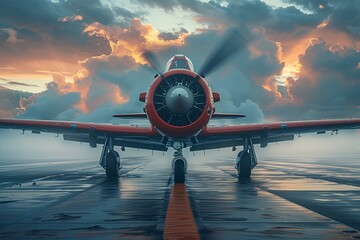 Red propeller plane against dramatic sky - obrazy, fototapety, plakaty