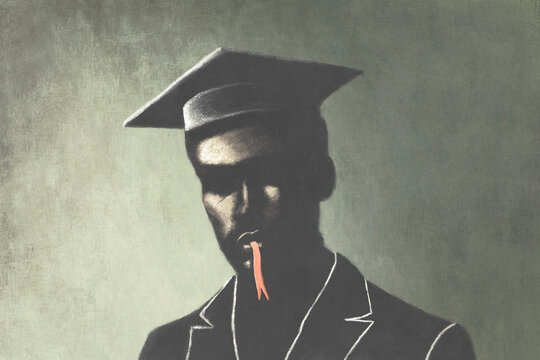 Portrait illustration of a graduate man with snake tongue, bad education surreal concept