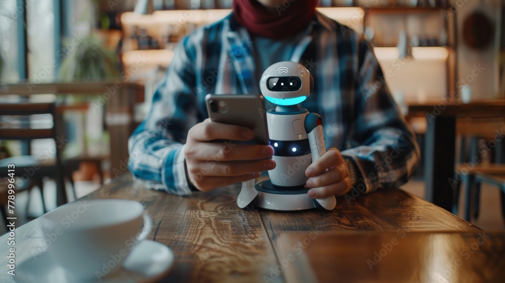 Poster artificial intelligence, artificial intelligence concept, man using smart phone with chatbot applica