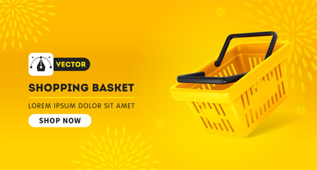 Yellow plastic shopping or grocery basket from supermarket, on vibrant yellow background with place for text. Advertising banner template with wide aspect ratio. 3d realistic vector illustration