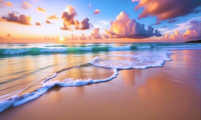 Tropical beach with white sand and clear turquoise ocean. Orange and golden sunset sky calmness...