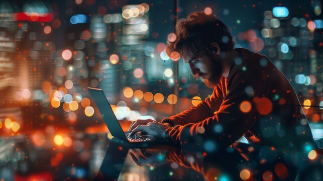 Technology issues, software development, and IoT, double exposure. Software developer managing a laptop computer project as well as a smart city project with binary data and computer code.