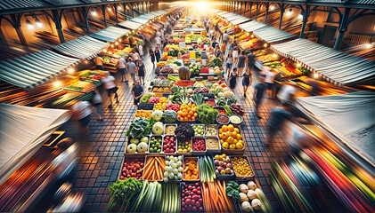  Dynamic view of a farmers market, with a focus on the colorful produce on display, shot from above to capture the layout and vibrancy of the market