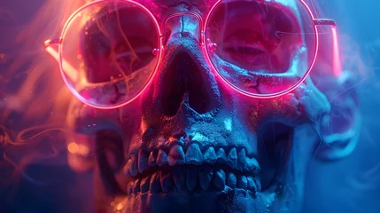 Fotobehang Glowing Neon Skull in Surreal Digital Artwork with Vibrant Colors and Abstract Patterns © Sweet Mango