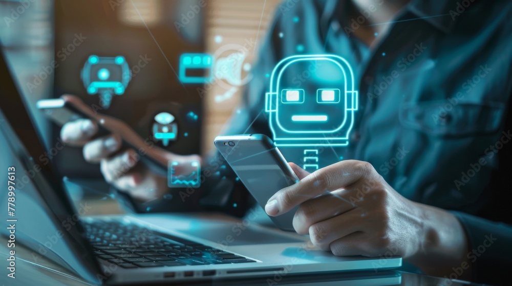 Poster a conversation with chatbot assistant, an artificial intelligence technology concept. businessman ch
