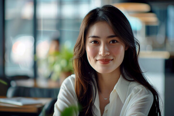 Beautiful young Asian woman in the office. Smiling girl in a white shirt at work