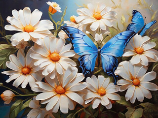 Oil Painted Morpho Butterflies Alight on Daisy Petals. Generative AI. - obrazy, fototapety, plakaty
