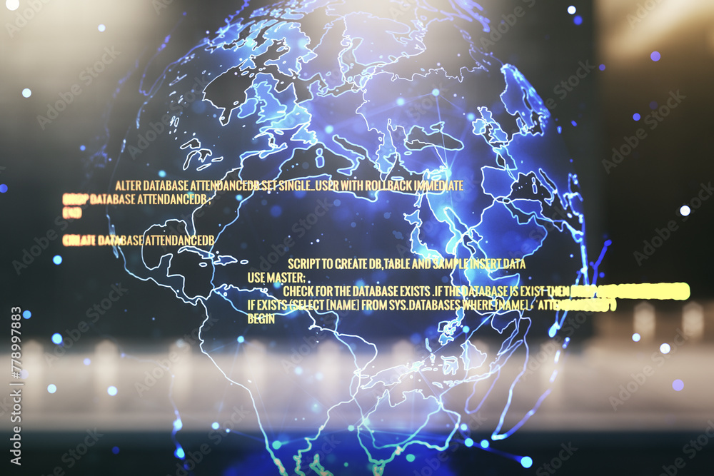 Poster multi exposure of abstract programming language hologram and world map on contemporary business cent