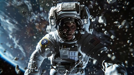 Astronaut in space with earth, stars, debris  hyperrealistic scene of reflections and shadows - obrazy, fototapety, plakaty