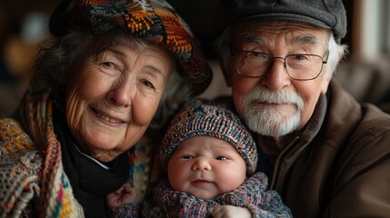 Grandparents cooing over baby, adorned in a knitted cap - obrazy, fototapety, plakaty