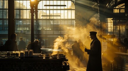 Morning at train station  commuters, coffee steam, railway worker, silhouettes in realism - obrazy, fototapety, plakaty