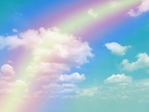 beauty sweet pastel green and yellow colorful with fluffy clouds on sky. multi color rainbow image. abstract fantasy growing light