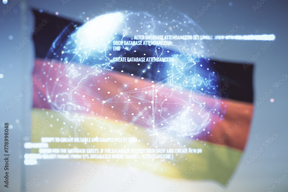 Poster double exposure of abstract programming language hologram and world map on german flag and blue sky 