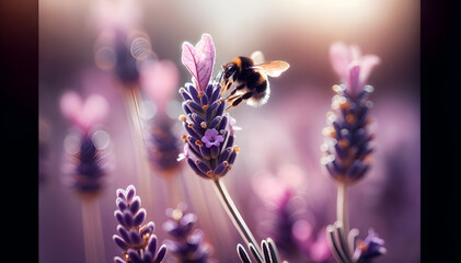 a single bumblebee landing on a lavender flower, with the focus on the bee and the lavender's delicate details, - obrazy, fototapety, plakaty