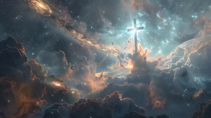 Fotobehang Magnificent cross suspended above distant planet in cosmos. Spiritual awe. © dekreatif