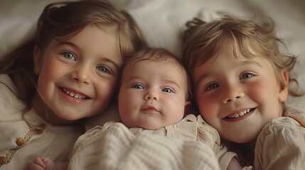 Siblings gently playing peekaboo with the baby, giggles abound