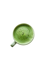 Green background, a cup of matcha latte in the center