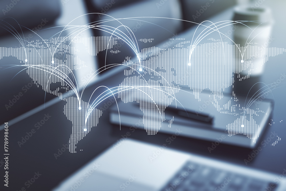 Poster double exposure of abstract digital world map with connections on laptop background, research and st