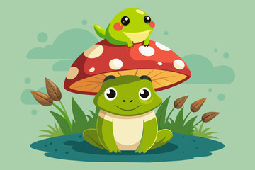 Fototapeta premium Mushroom vector illustration on a little frog heads