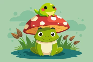 Fotobehang Mushroom vector illustration on a little frog heads © Chayon Sarker