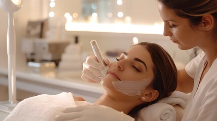 Skilled Esthetician Performing Soothing Facial in Peaceful Treatment Room with Focused Lighting and Tasteful Backdrop