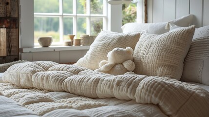 Soft blankets and pillows creating a comfy nook for baby - obrazy, fototapety, plakaty