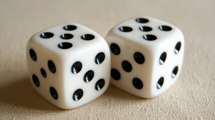 Close-up of white dice showing five and one - Two white dice in focus on a soft background, one with a five on top and another with a one
