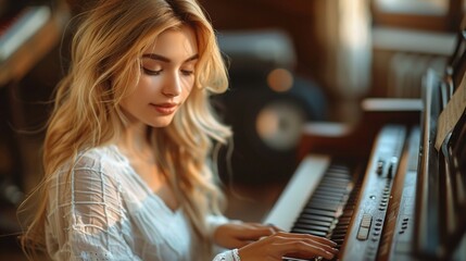Talented blonde musician composing a new melody, her passion for music evident