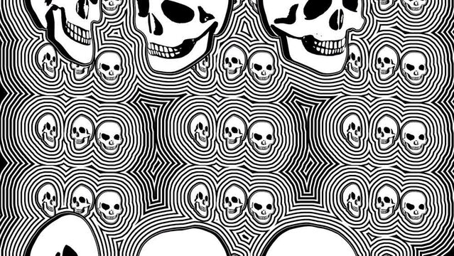 Seamless animation psychedelic skulls painted drawn style cartoon. Hypnotic Halloween background with wave black and white marker stroke effect 