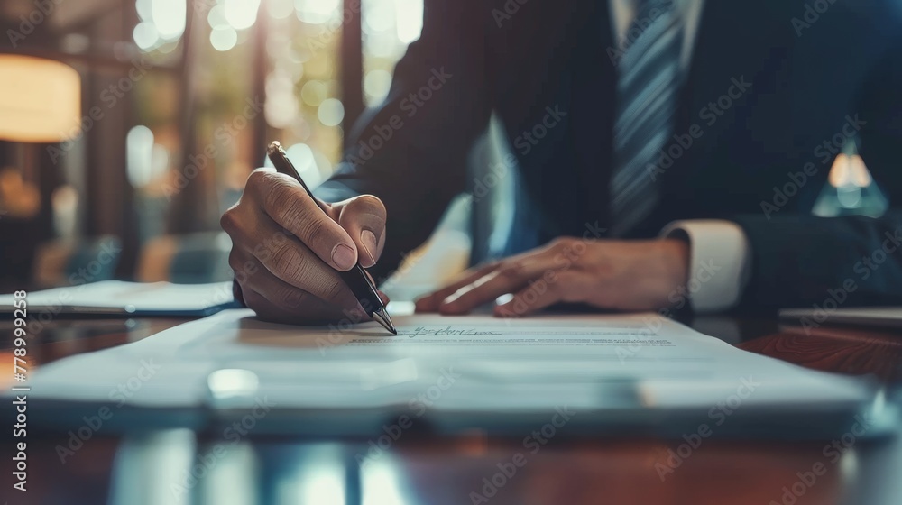 Poster in this image of a businessman using a stylus pen to sign on an e-document on a digital tablet on a 