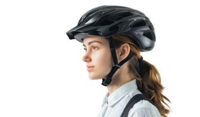 Bike helmet - woman putting biking helmet on transparent