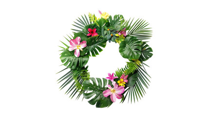 Tropical wreath of beautiful plants flowers and exotic leaves frame on transparent