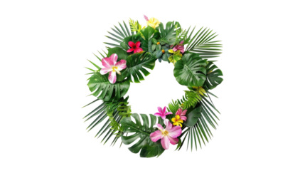 Tropical wreath of beautiful plants flowers and exotic leaves frame on transparent