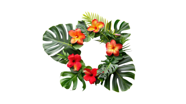 Tropical wreath of beautiful plants flowers and exotic leaves frame on transparent