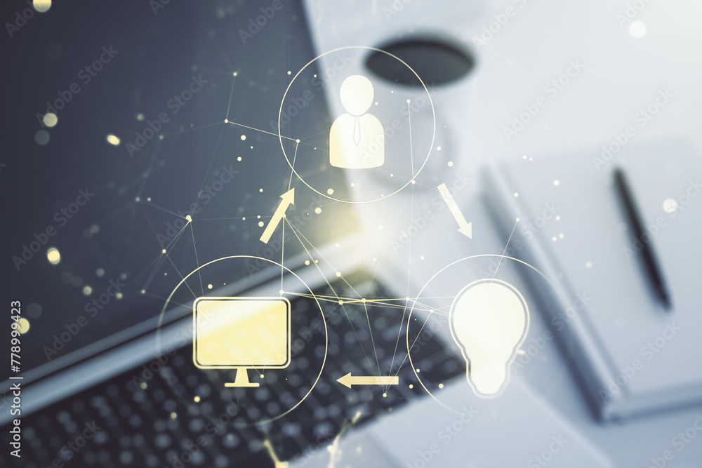 Poster social network media concept with modern computer on background. double exposure