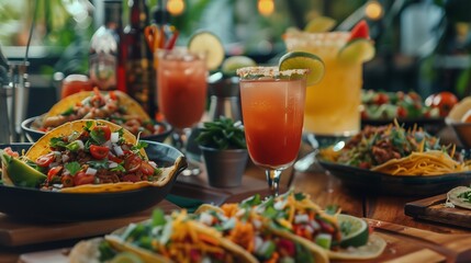 Mexican taco party festive table set with plates of traditional Mexican dishes like tacos and margarita cocktails. Orange ingredients add a pop of color to the scene