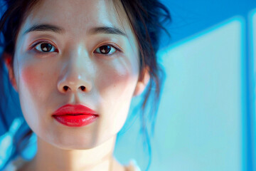 Beautiful young Asian woman. Close-up portrait on a background of a bright blue wall and sun glare. Banner with copy space for text
