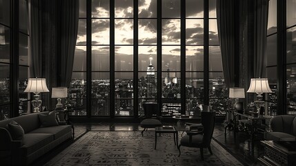 Luxurious new york penthouse with art deco interior and cityscape view at dusk in monochrome